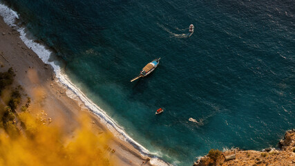 Aerial view of Butterfly valley deep gorge, Fethiye, Mugla, Turkey. Summer, sea and holiday concept. Kelebekler Vadisi