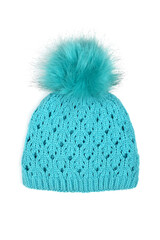 Winter blue hat on a white background. Hat with fur pom-pom.