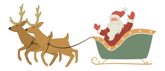 Fototapeta premium Santa Claus in sleigh with reindeers waving hand