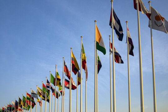 flags of different countries in a row in front of the entrance of EXPO2020