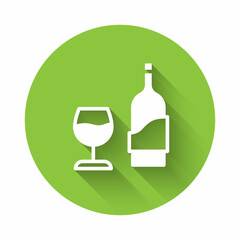 White Wine bottle with glass icon isolated with long shadow. Green circle button. Vector