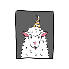 Happy Birthday funny illustration with animal. Sheep card