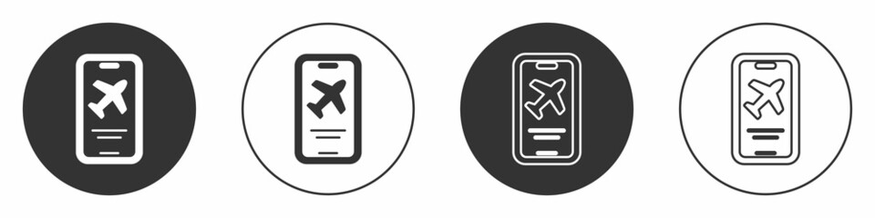 Black Smartphone with electronic boarding pass airline ticket icon isolated on white background. Passenger plane mobile ticket for web and app. Circle button. Vector