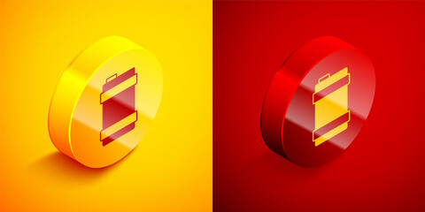 Isometric Metal beer keg icon isolated on orange and red background. Circle button. Vector