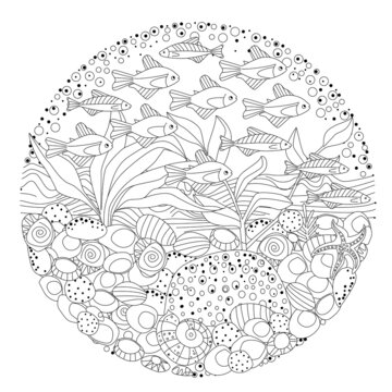 circle pattern with swimming flock of little fish and pebbly bot
