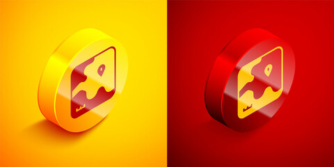 Isometric Africa safari map icon isolated on orange and red background. Circle button. Vector
