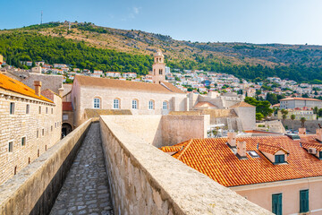 Ancient stone wall of Dubrovnik Old Town, stunning fortification system. The world famous and most visited historic city of Croatia, UNESCO World Heritage site