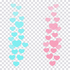 A set of likes in the live stream is a flying up icon heart. The likes user counter for online videos. Blue and pink hearts in fashionable pastel colors. Vector illustration for social media bloggers.