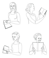 Collection. Silhouette of a lady. The girl is reading a book in a modern one-line style. Solid drawing, home decor sketches, posters, wall art, stickers, logo. Vector illustration set.
