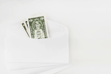 White envelope with money with copy space, corruption concept.