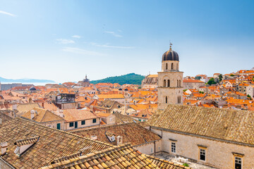 Aerial panoramic view of old city Dubrovnik. Ancient city with big city walls near adriatic sea....