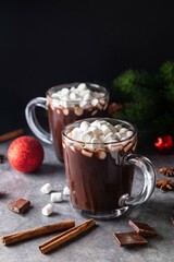 Glass mug with hot chocolate cocoa drink with marshmallow. Copy space. Dark background. Low key....