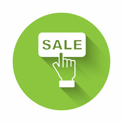 White Price tag with an inscription Sale icon isolated with long shadow background. Badge for price. Promo tag discount. Green circle button. Vector