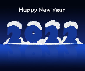 Happy new year 2022 reflection in water and covered with snow
