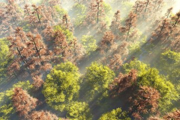 Fototapeta na wymiar Forest from flight altitude, park from above, trees top view, 3D rendering