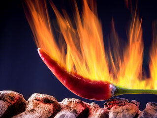 Eine reife, scharfe Frucht einer Chili Pflanze scheint zu brennen. Der Hintergrund ist schwarz. - obrazy, fototapety, plakaty