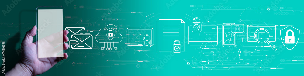 Poster Data protection with person hand using a smart phone computer on green background.