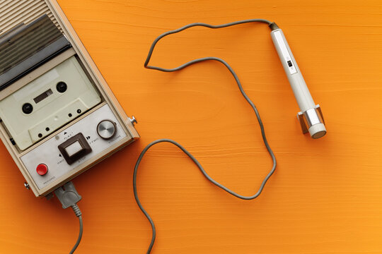 Old Compact Cassette Tape Recorder With External Microphone.