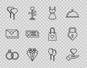 Set line Wedding rings, Heart on hand, Woman dress, Suit, Balloons form of heart with ribbon, Ticket, and Castle the shape icon. Vector