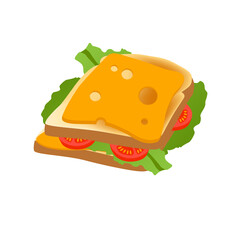 Sandwich with cheese, fresh green salad and vegetables. Breakfast, delicious start to the day. Vector illustration flat isolated on white.