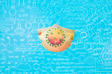 Fighting coronavirus concept: Blue protective surgical face mask surrounded by COVID-19 virus on blue background