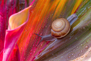 Small brown snail on green leaf,Snail crawling on leaf,Abstract drops of water on flower leaf,Africa, Thailand, Animal, Animal Shell, Animal Wildlife