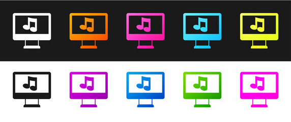 Set Computer with music note symbol on screen icon isolated on black and white background. Vector