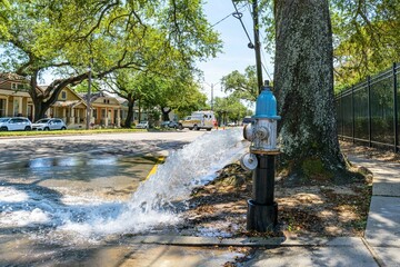 Open fire hydrant with water pouring out in Faubourg St. John neighborhood near Fairgrounds