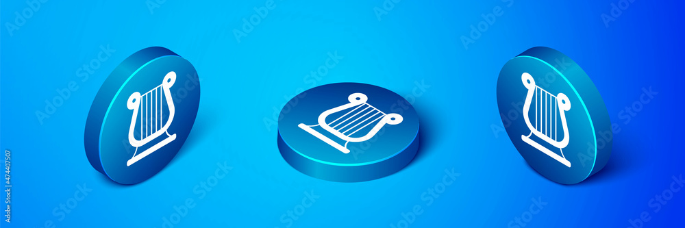 Poster Isometric Ancient Greek lyre icon isolated on blue background. Classical music instrument, orhestra string acoustic element. Blue circle button. Vector