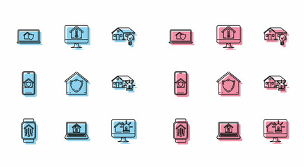 Set line Smart home with smart watch, Laptop house and light bulb, under protection, Computer monitor alarm, House, Mobile phone and temperature icon. Vector