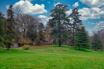 Fototapeta na wymiar Trees and old medieval castle seen from the Park of Monza