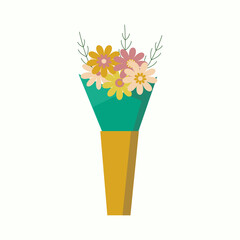 Vase with Flowers. Bouquet in a package. Floristic design. Flat illustration. Vector graphics isolated background.