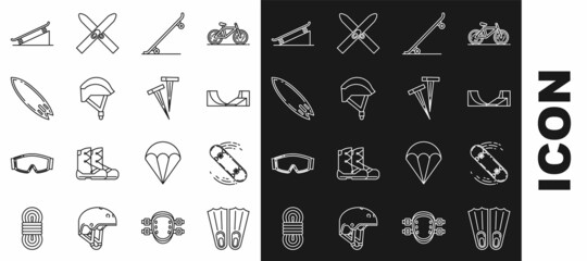 Set line Rubber flippers for swimming, Skateboard trick, park, Bicycle helmet, Surfboard, on street ramp and Pegs tents icon. Vector