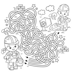 Maze or Labyrinth Game. Puzzle. Tangled road. Coloring Page Outline Of cartoon builders with cement mortar and trowel. Construction. Profession. Coloring book for kids.