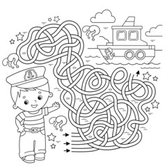 Maze or Labyrinth Game. Puzzle. Tangled road. Coloring Page Outline Of cartoon sailor next to the ship. Profession. Coloring book for kids. Coloring book for kids.