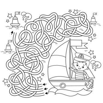 Maze or Labyrinth Game. Puzzle. Tangled road. Coloring Page Outline Of cartoon sail ship with sailor. Profession. Coloring book for kids. Coloring book for kids.