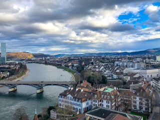 Top view over the city of Basel in Switzerland and River Rhine
