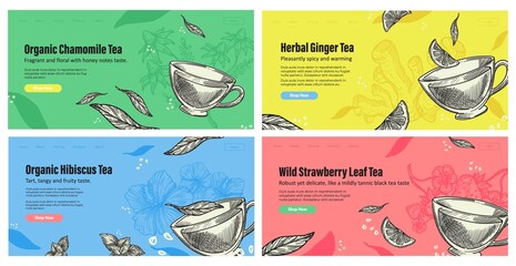 Organic herbal tea, landing page, vector illustration