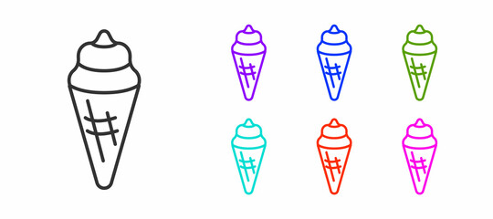 Black line Ice cream in waffle cone icon isolated on white background. Sweet symbol. Set icons colorful. Vector