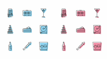 Set line Beer bottle, Firework rocket, Karaoke, Glass of whiskey and ice cubes, Cake, Vinyl player with vinyl disk, Wine glasses stacked pyramid tower and Retro audio cassette tape icon. Vector