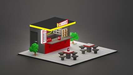 Street food isometric style. 3D illustration in dark background with copy space
