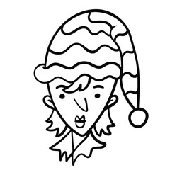 Outline illustration of a Christmas Elf. Clip art for a coloring page. 