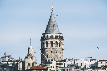 Fototapeta premium Galata Tower in Istanbul during the daytime. Buildings around the historical tower.