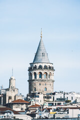 Fototapeta na wymiar Vertical photograph of Galata Tower taken from afar. Istanbul's historical Galata Tower.