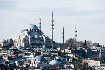 Fototapeta na wymiar Istanbul, Turkey - December 2021: Süleymaniye Mosque in cloudy weather. Front view of Süleymaniye Mosque in Istanbul.