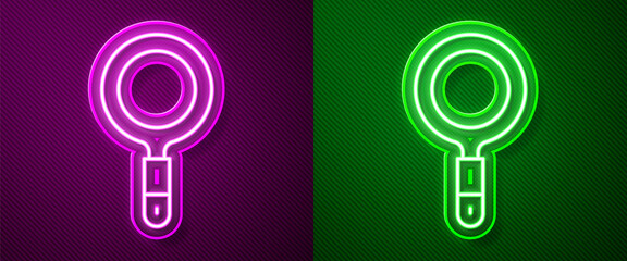 Glowing neon line Magnifying glass icon isolated on purple and green background. Search, focus, zoom, business symbol. Vector