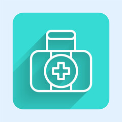 White line First aid kit icon isolated with long shadow background. Medical box with cross. Medical equipment for emergency. Healthcare concept. Green square button. Vector