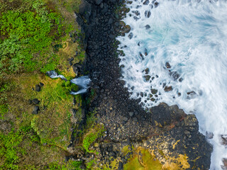 Aerial long exposure view of Senneville waterfall hidden on the south coast of Mauritius island