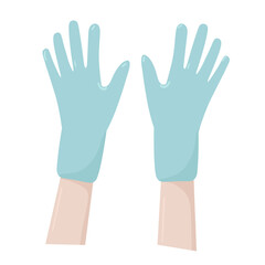 Vector latex rubber gloves on hands in flat design. For the concept of epidemic prevention or antibacterial, disinfection, sterile, home. Sign and icon template