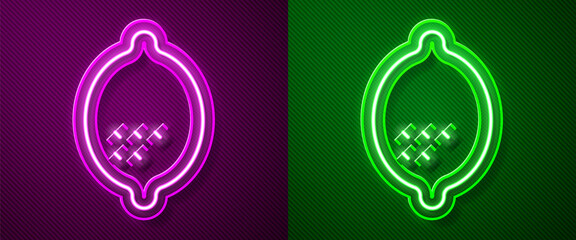 Glowing neon line Lemon icon isolated on purple and green background. Vector